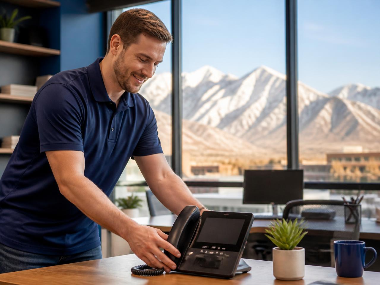 LumaVoIP specialist setting up a business phone in a Utah office